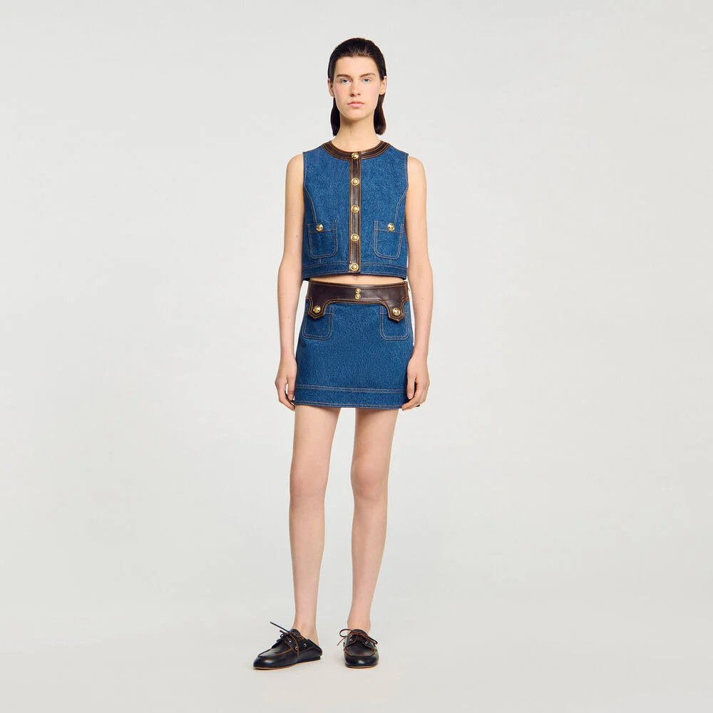 Denim and leather top | Sandro US | Sandro-Paris US