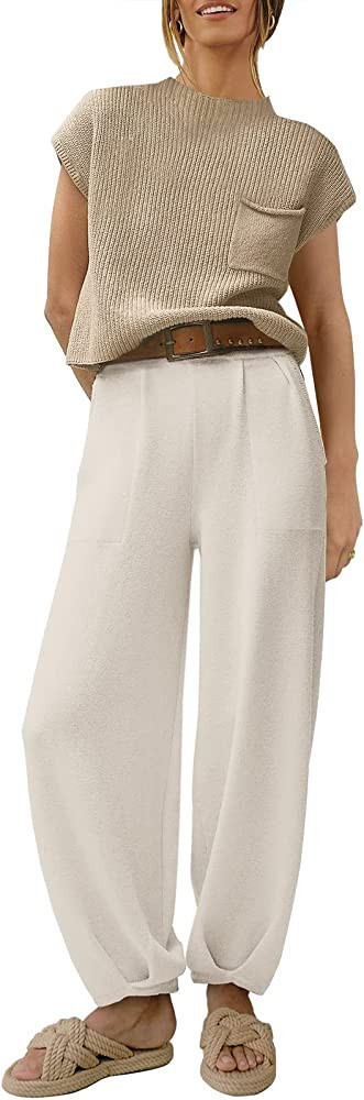 ANRABESS Women's Two Piece Outfits Sweater Sets Knit Pullover Tops and High Waisted Pants Tracksu... | Amazon (US)