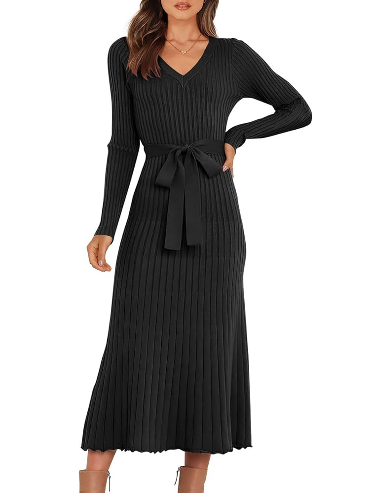 ANRABESS Womens Long Sleeve Fall Dress 2025 V Neck A-line Tie Waist Ribbed Knit Bodycon Midi Swea... | Amazon (US)