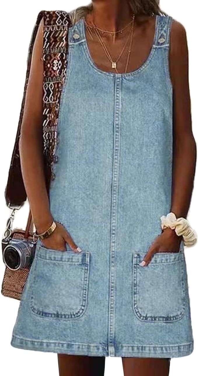 Xaspee Denim Overall Dress for Women Casual Mini Sleeveless Jean Vintage Jumper Skirt Dress with ... | Amazon (US)