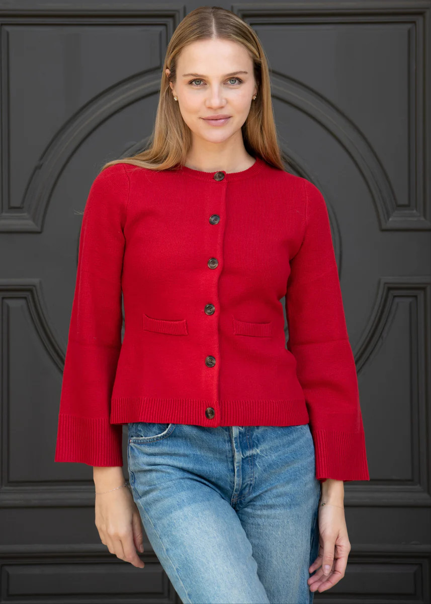 Maeve Long Flare Sleeve Knit Button Down Cardigan - Red | Benaar La