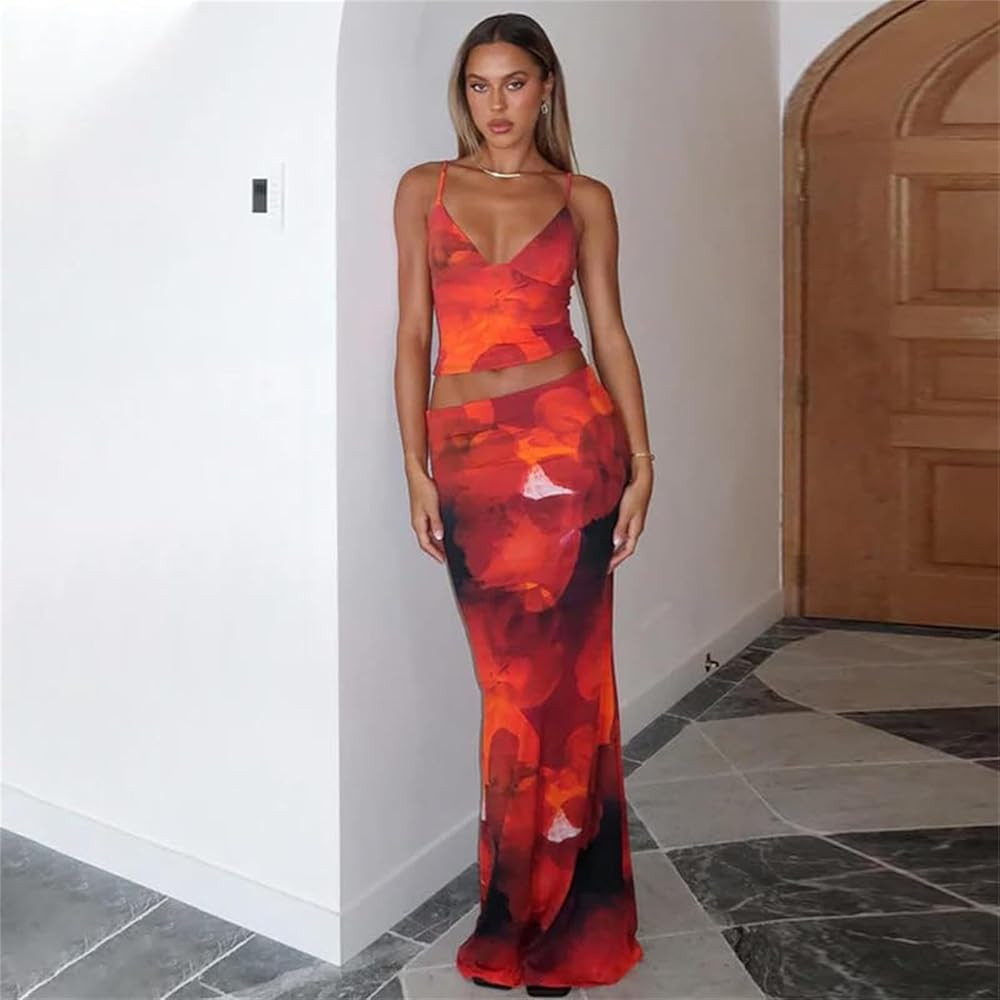 Amazon.com: ksotutm Maxi Skirt Set Floral Print Halter Top Maxi Skirt Sexy Going Out Outfits for ... | Amazon (US)