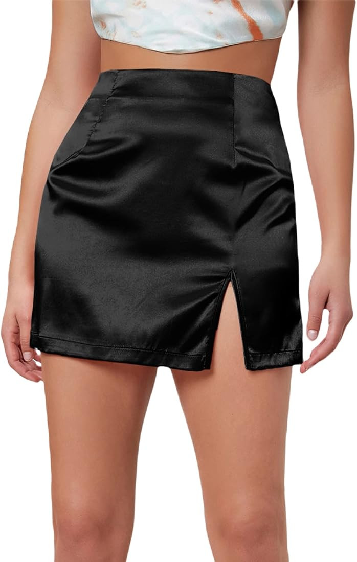 Milumia Women's Satin Skirt Split Hem Zipper Hight Waisted Straight Mini Pencil Skirts | Amazon (US)