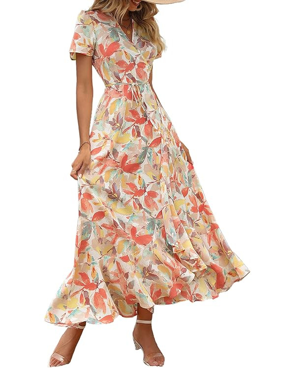 PRETTYGARDEN Women's Summer Wrap Maxi Dress Casual Boho Floral V Neck Short Sleeve Ruffle Hem Spl... | Amazon (US)