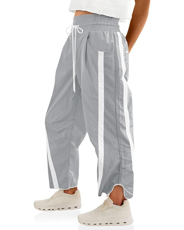 Fisoew Women's Baggy Wide Leg Pants Casual Drawstring Elastic Waisted Contrast Color Workout Y2K ... | Amazon (US)