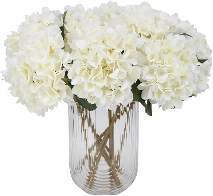 White Hydrangea Artificial Flowers - 5 pcs Realistic Single 18.9 in Long Stem Fake Silk Hydrangea... | Amazon (US)