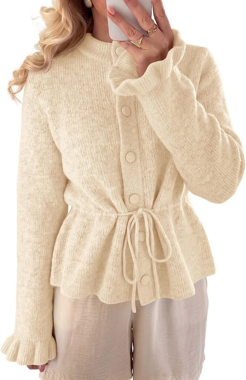 Saodimallsu Womens Ruffle Sleeve Cardigans Button Up Tie Sweater Tops | Amazon (US)