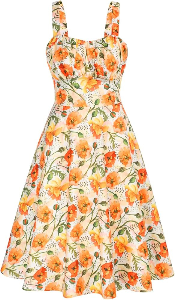 Belle Poque Women's Vintage Sleeveless Solid Floral Ruched Summer Cute A-Line Flowy Swing Midi Dr... | Amazon (US)