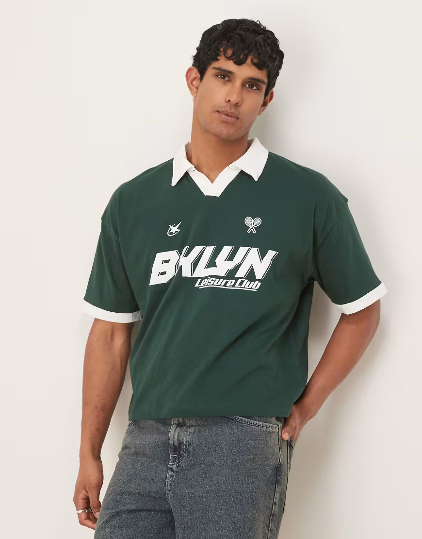 ASOS DESIGN boxy oversized polo with sport graphic in dark green | ASOS (Global)