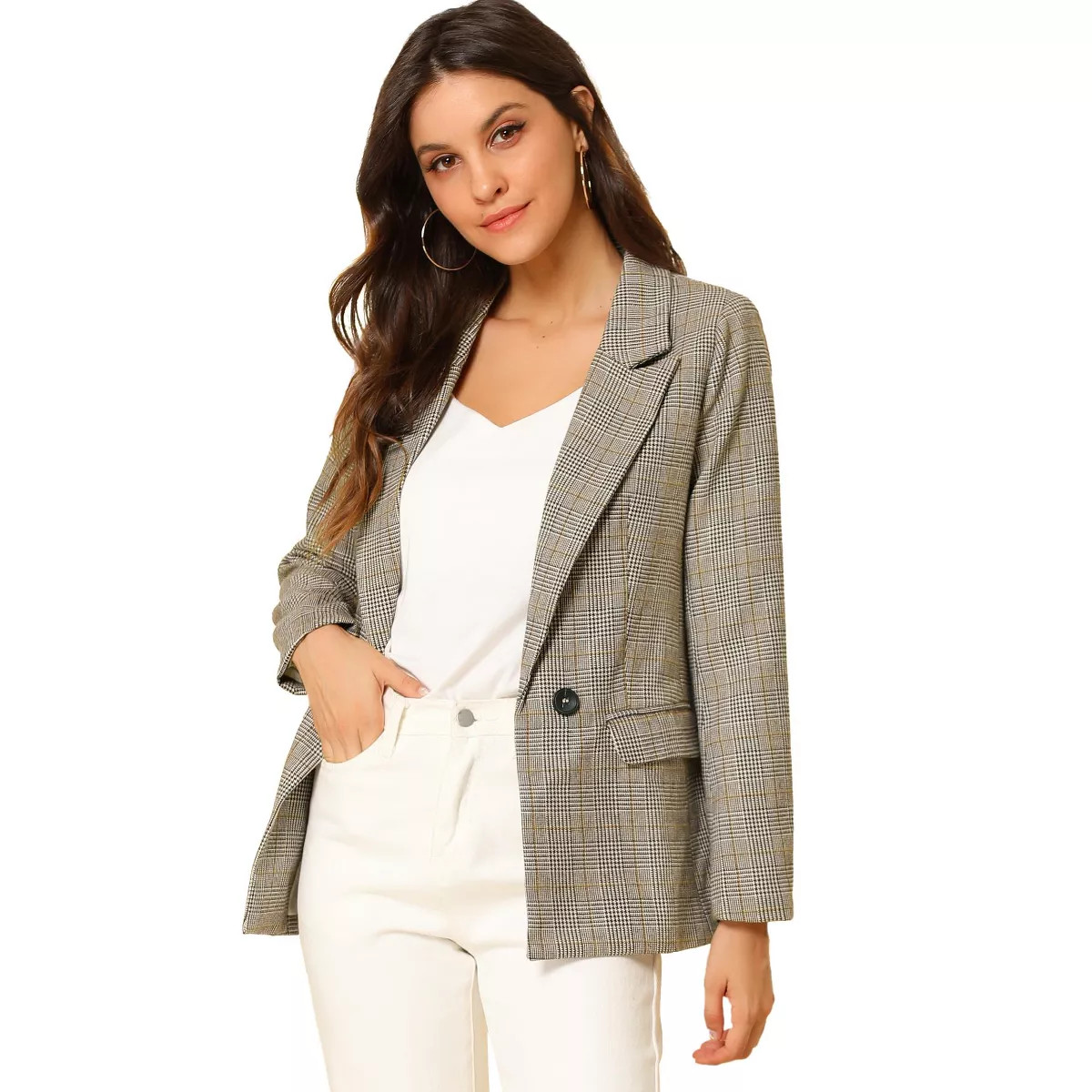 Allegra K Women's Notched Lapel Long Sleeve One Button Houndstooth Plaid Blazer | Target