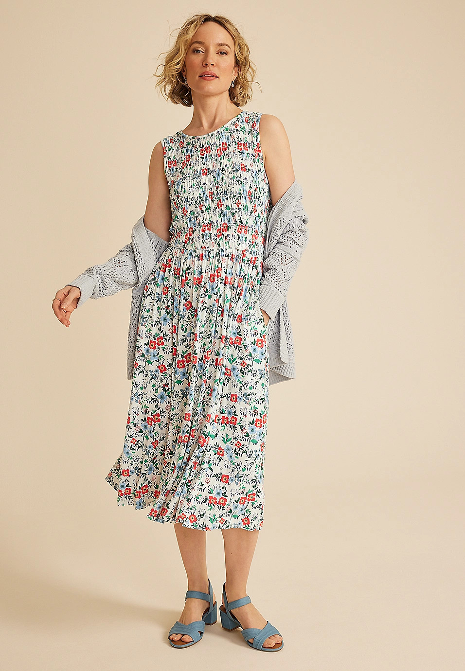 24/7 Bare Floral Smocked Bodice Midi Dress | Maurices