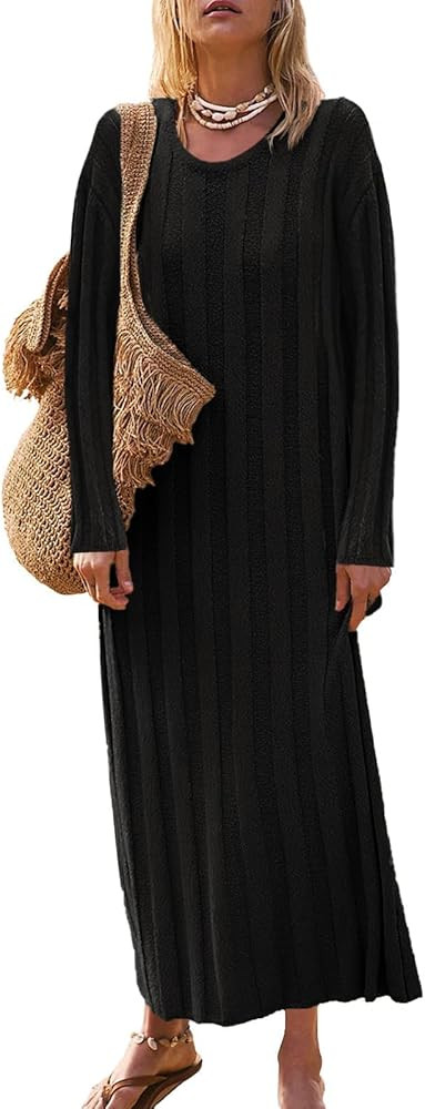 Saodimallsu Womens Crewneck Sweater Dress Long Sleeve Ribbed Knit Midi Fall Pullover Sweater Dres... | Amazon (US)