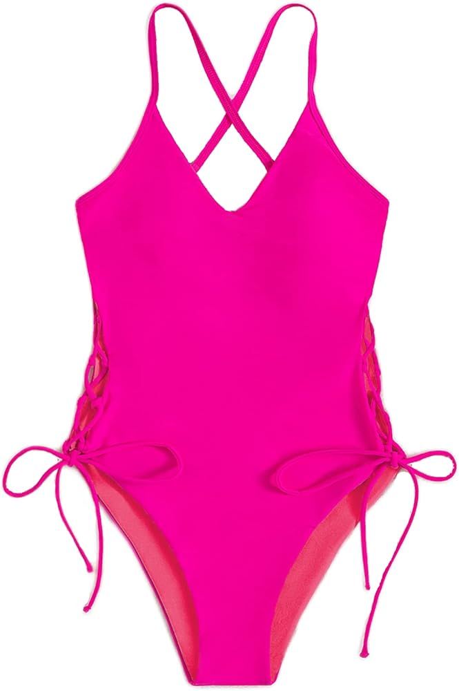 MakeMeChic Women's Criss Cross Lace Up V Neck One Piece Swimsuit Bathing Suit | Amazon (US)