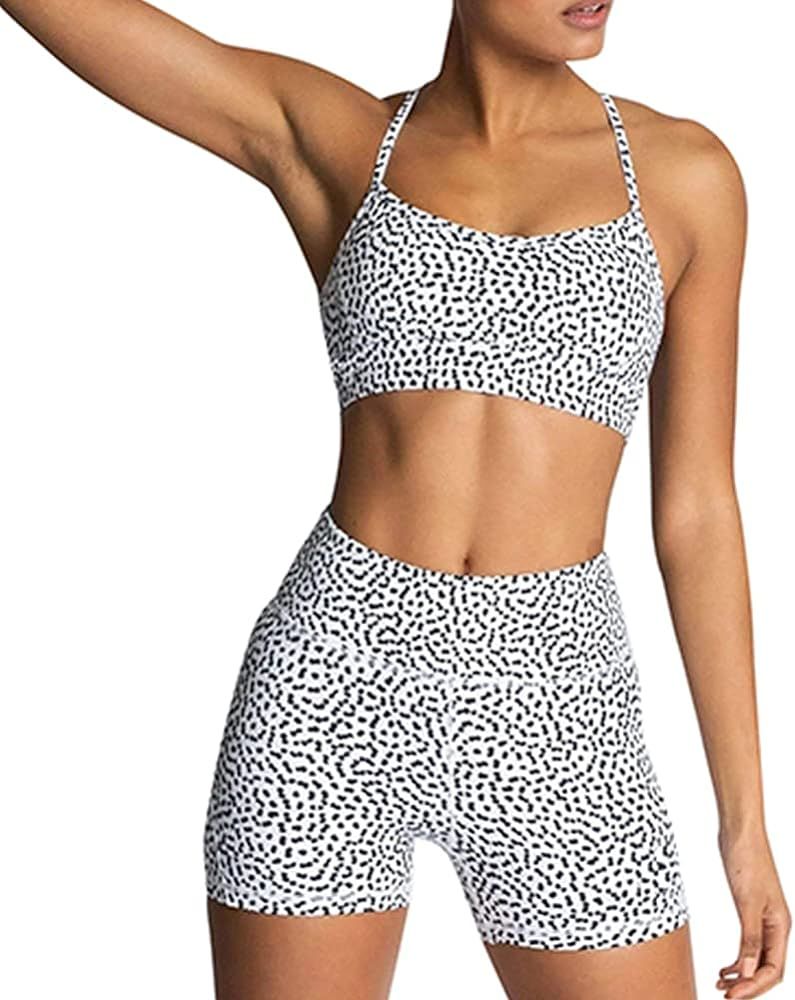 IMEKIS Women's Workout Sets 2 Piece Yoga Outfit High Waisted Biker Shorts Leggings Sports Bra Gym... | Amazon (US)