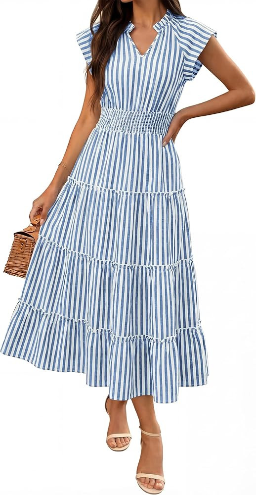 Caracilia Womens Summer Maxi Dresses Casual V Neck Cap Sleeve Gingham Striped Dress Flowy Tiered ... | Amazon (US)