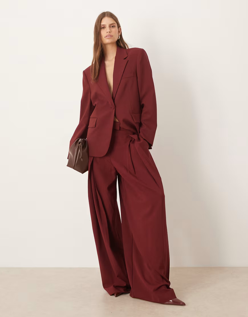 Mango Dani tailored wide leg pants in burgundy - part of a set | ASOS (Global)