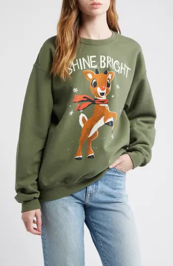 Junk Food Rudolph Shine Bright Crewneck Sweatshirt in Military Green at Nordstrom Rack, Size Small | Nordstrom Rack