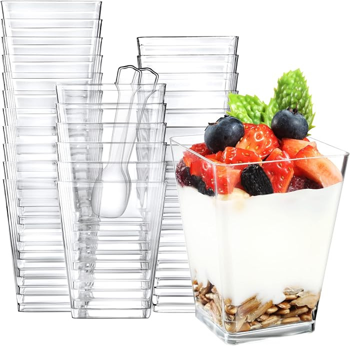 Eupako 100 Pack 5 oz Square Clear Plastic Dessert Cups with Spoons Small Clear Plastic Tumbler Cu... | Amazon (US)