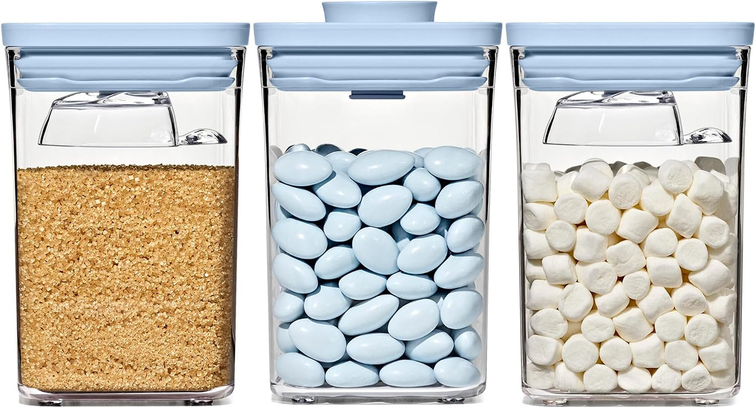 OXO Good Grips 3-Piece POP Container Set with Mini Scoops — Sky Blue, 1.1 Qt/1 L Capacity, Airtight Pop-Up Container with Push-Button Seal, Kitchen Storage Canisters for Cereal and Snacks | Amazon (US)