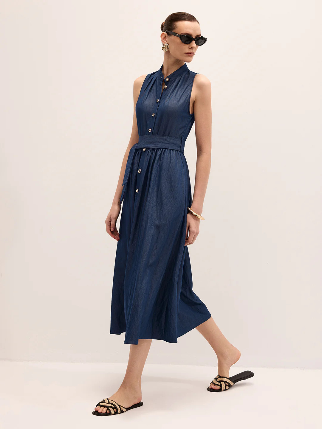 Cotton Blend Sleeveless Belted Maxi Dress | Commense