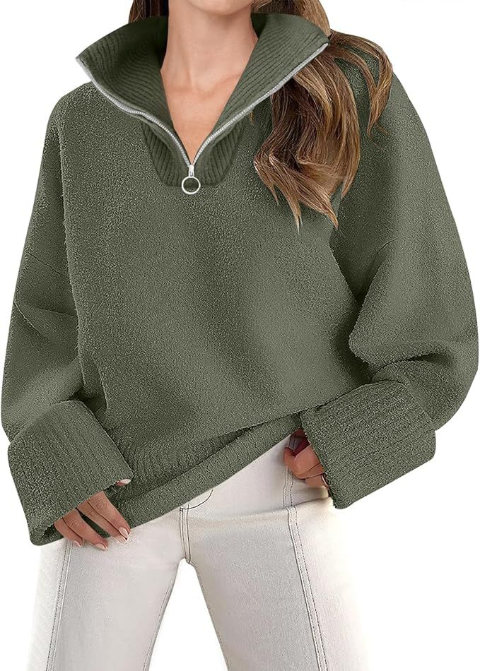 ZESICA Women's 2023 Winter Long Sleeve 1/4 Zipper V Neck Loose Fuzzy Knitted Chunky Warm Pullover... | Amazon (US)