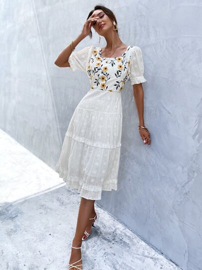 Floral Embroidery Ruffle Hem Dress | SHEIN