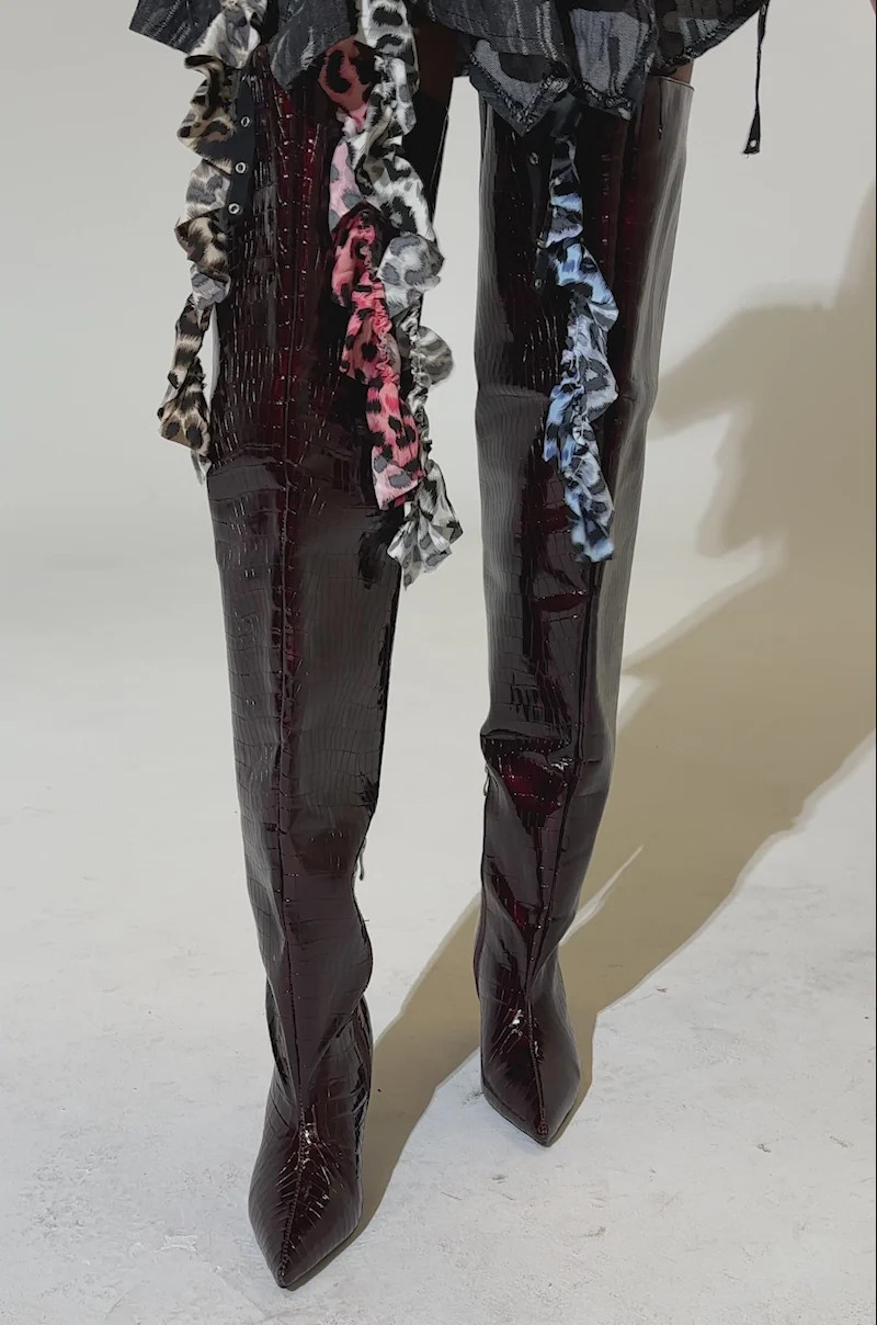 AZALEA WANG HALINA BURGUNDY CROC STILETTO BOOT | AKIRA