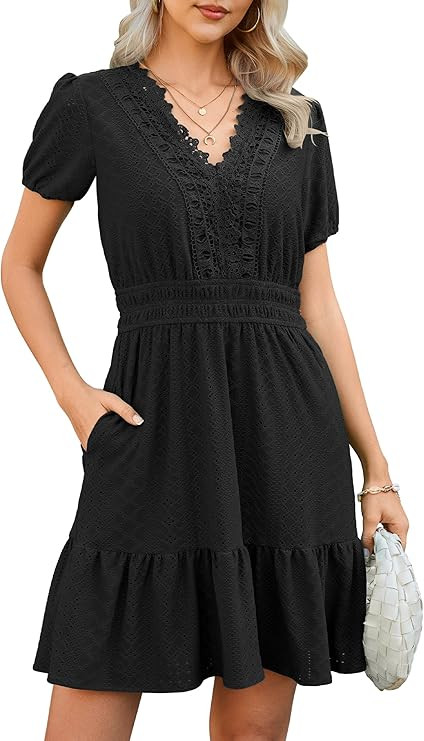 ECOWISH Summer Dresses for Women 2026 Lace Hollow Out V Neck Short Sleeve Ruffle Casual Beach Vac... | Amazon (US)