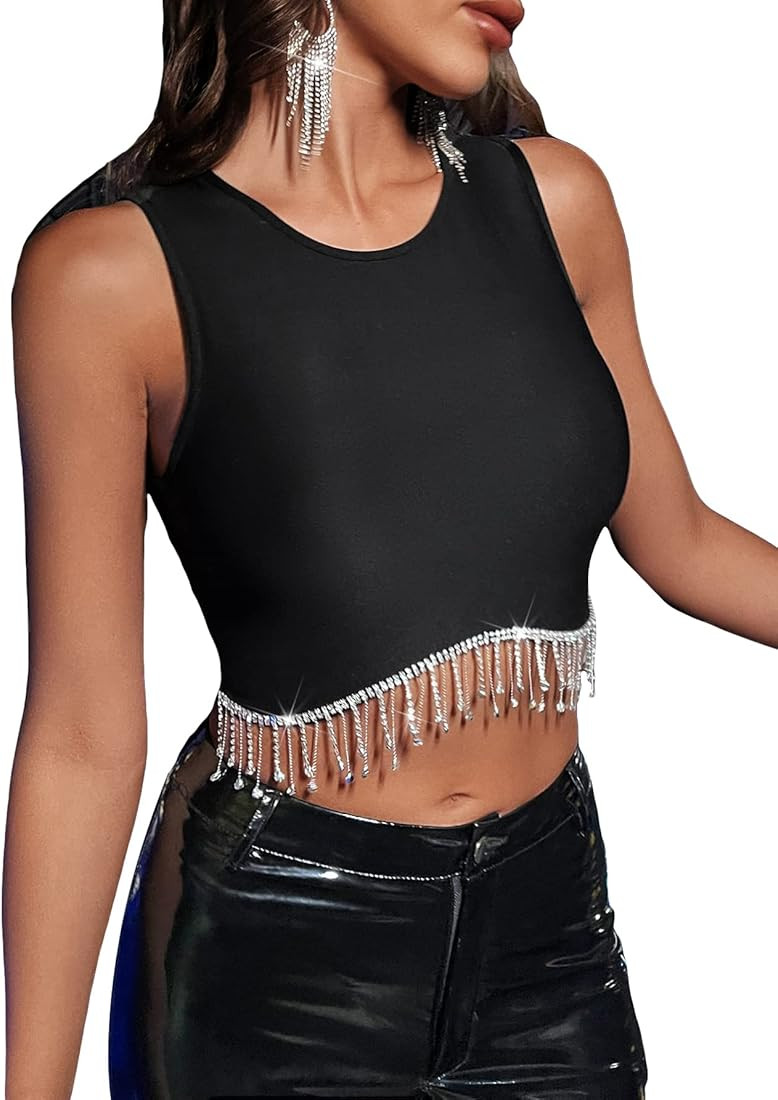 GORGLITTER Women's Fringe Top Round Neck Sleeveless Asymmetrical Crop Tank Tops | Amazon (US)