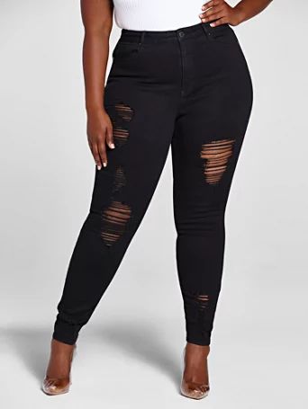 High Rise Black Destructed Skinny Jeans - Short Inseam - Fashion To Figure | Fashion To Figure
