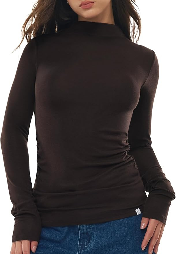 Women's Mock Turtle Neck Long Sleeve Shirts Merino Wool Knit Tops Fitted Slim Fit Basic Tees Cozy... | Amazon (US)