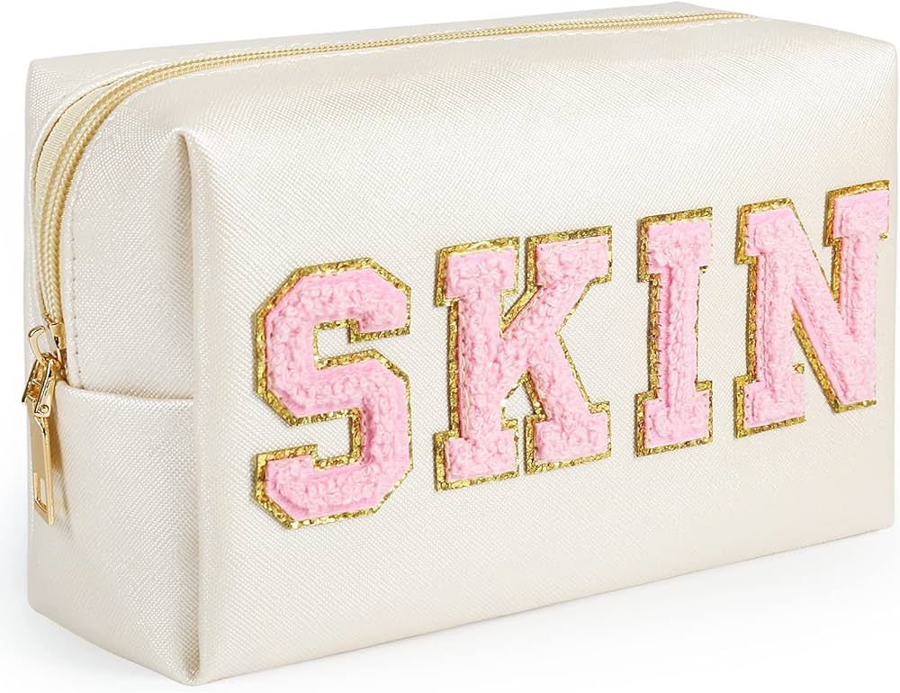 Preppy Makeup Bag, Synthetic Leather Patch Cosmetic Bag with SKIN Chenille Letter for Travel | Amazon (US)
