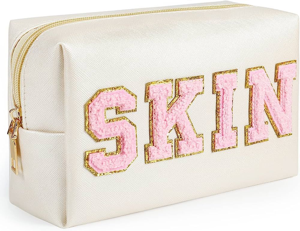 besharppin Preppy Makeup Bag, Synthetic Leather Patch Cosmetic Bag with SKIN Chenille Letter for ... | Amazon (US)