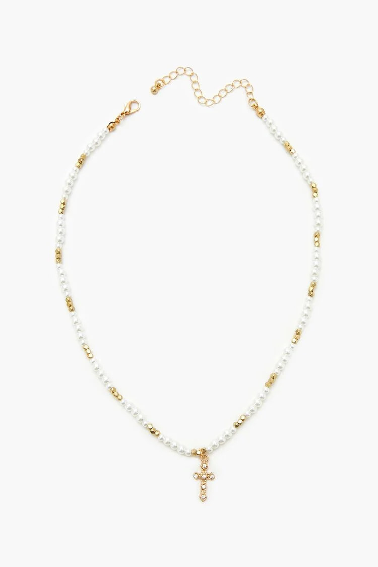 Beaded Faux Pearl Cross Necklace | Forever 21