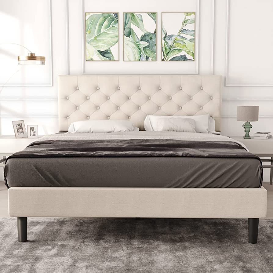 Catrimown Queen Size Upholstered Linen Platform Bed Frame with Button Tufted Headboard, Strong Wo... | Amazon (US)