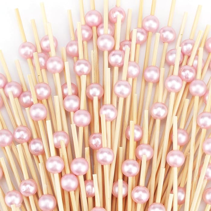 200 PCS Pink Cocktail Toothpicks for Appetizers, Natural Bamboo Coctail Skewers Sticks, Pearl Dec... | Amazon (US)
