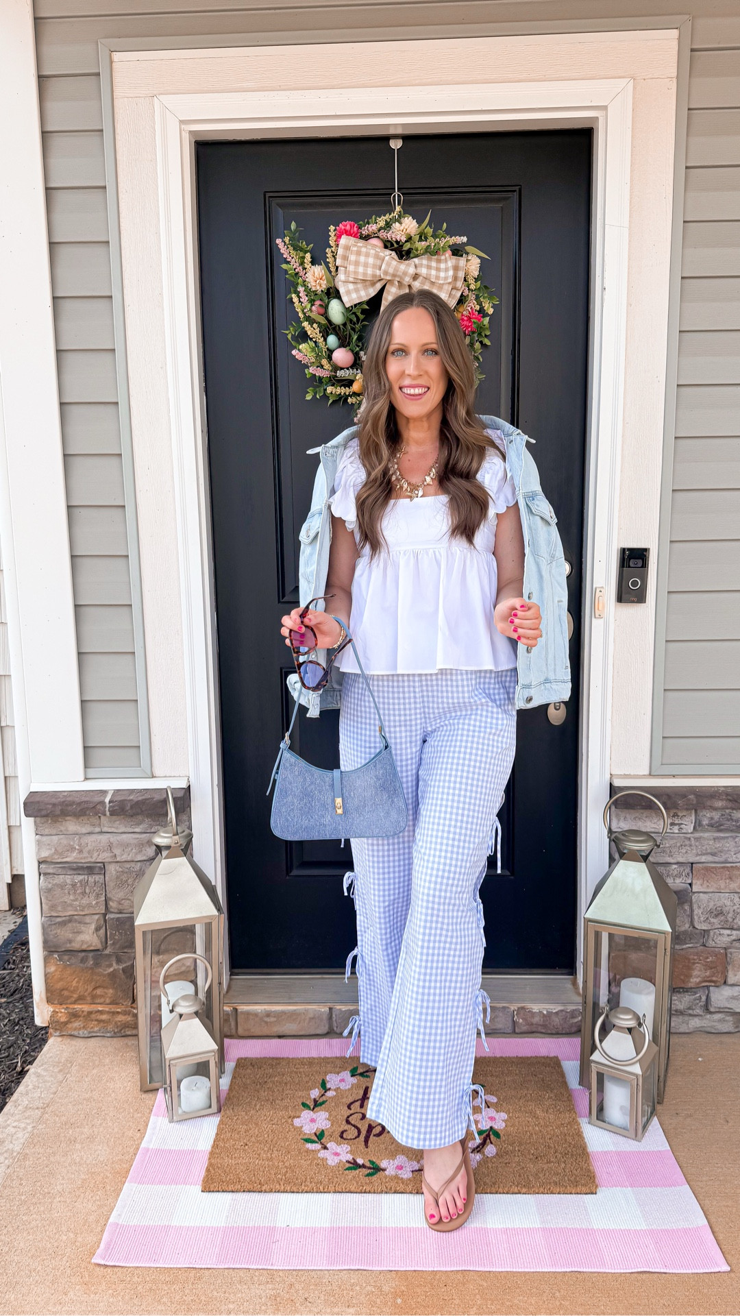 Spring outfit idea 🩵🌷

Gingham pants + top are from Marshall’s 💙

Gingham pants, white top, denim jacket, denim purse, sunglasses , sandals 

#LTKootd #LTKgrwm #LTKSpringSale