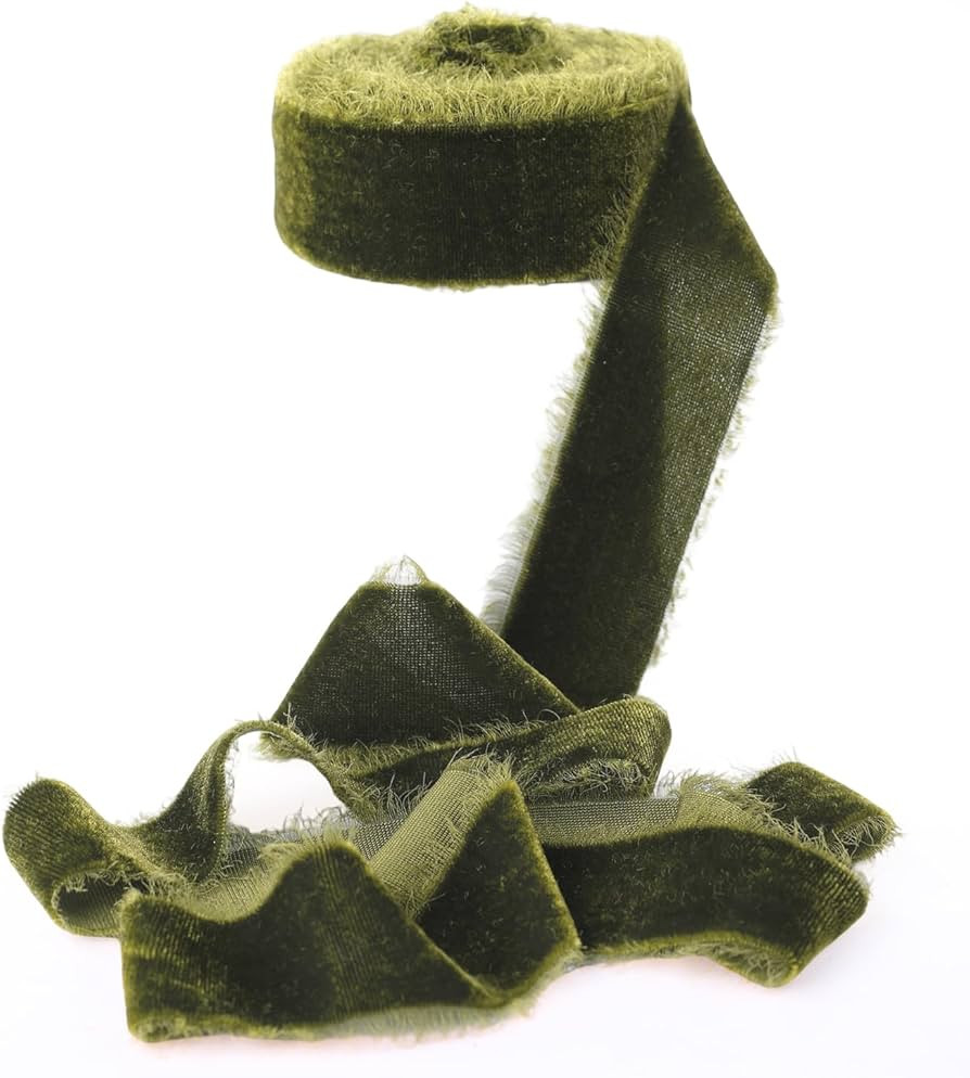 Olive Green Velvet Ribbon for Christmas Decorations 1.5 Inch 5 Yards Handmade Frayed Raw Edge Sil... | Amazon (US)