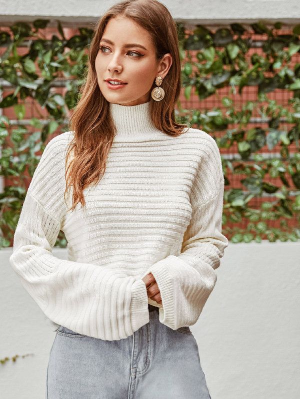 SHEIN High Neck Drop Shoulder Sweater | SHEIN