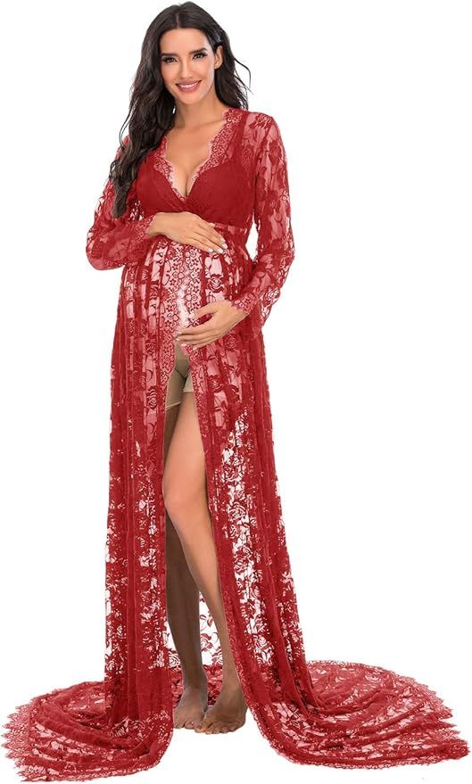 ZIUMUDY Maternity Deep V-Neck Split Front See-Through Maxi Lace Dress for Photography with Long S... | Amazon (US)