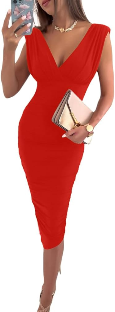 LYANER Women's Sleeveless Deep V Neck Ruched Wrap Bodycon Cocktail Midi Dress | Amazon (US)