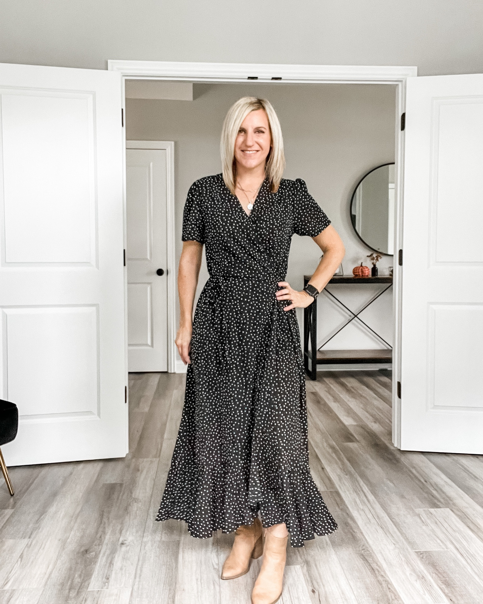Gorgeous black patterned wrap dress! Perfect for fall family photos or a fun date night out. 
Fall outfit, spooky season 

#LTKSeasonal #LTKunder50 #LTKstyletip
