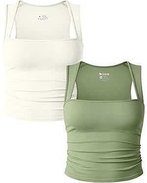 OQQ Womens 2 Piece Tank Tops Rueched Sleeveless Square Neck Ribbed Stretch Basic Shirts | Amazon (US)