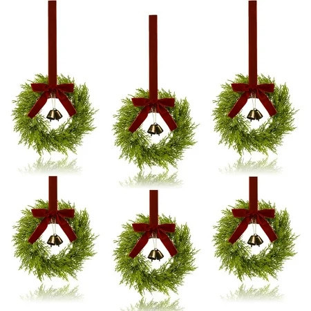 6Pcs Mini Christmas Wreath, 12 Inch Small Wreaths for Kitchen Cabinets, with Deep Red Bow Vintage Bells Pine and Cypress Leaves for Fireplace Window Farmhouse Indoor Home Decorations | Walmart (US)