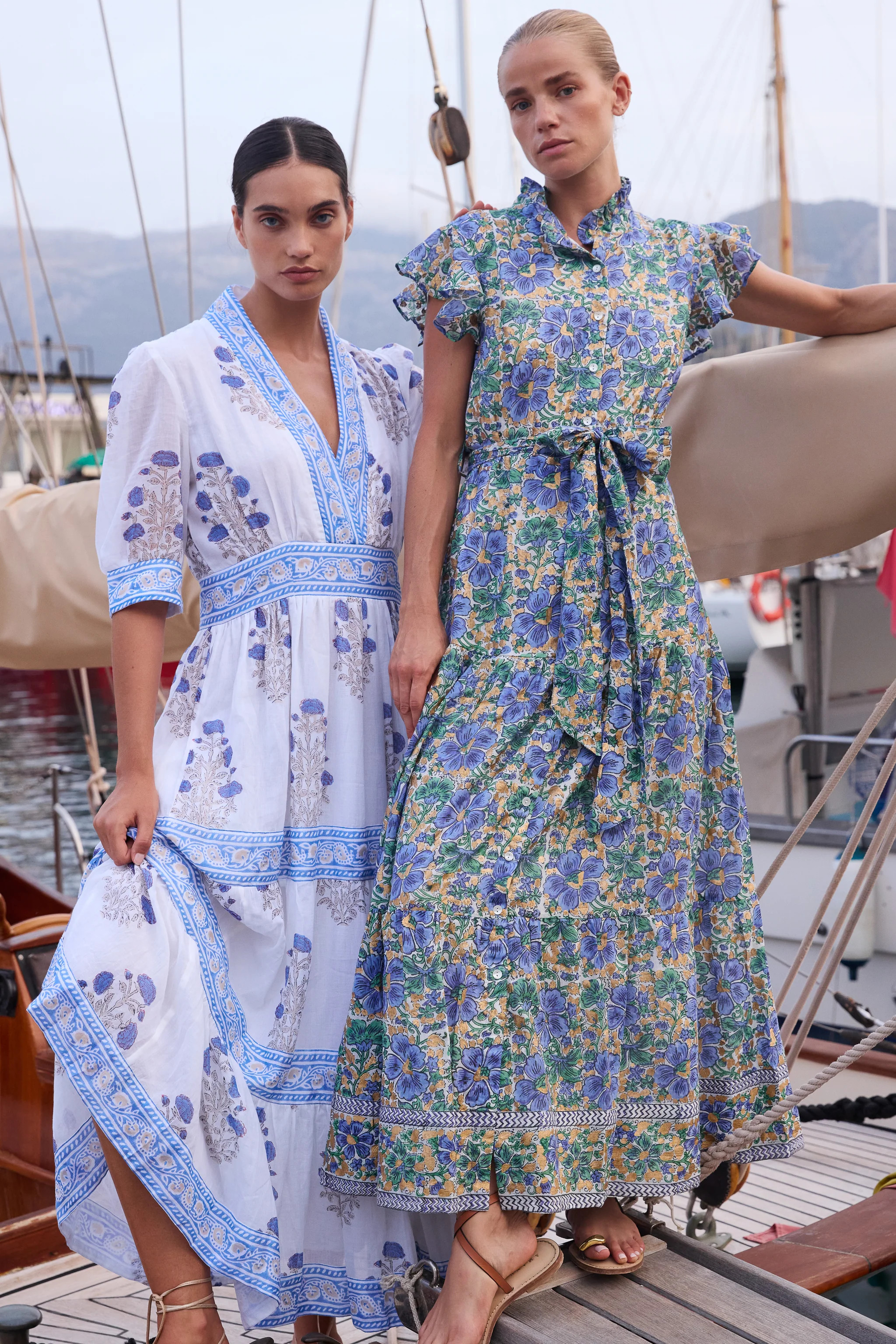 Ruffle Collar Button Maxi- Matera Blue | Oliphant Design