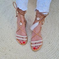 Handmade Greek Leather Sandals, Wedding Decorated Tie Up Summer Flats, Bachelorette Shoes, Gladiator | Etsy (US)