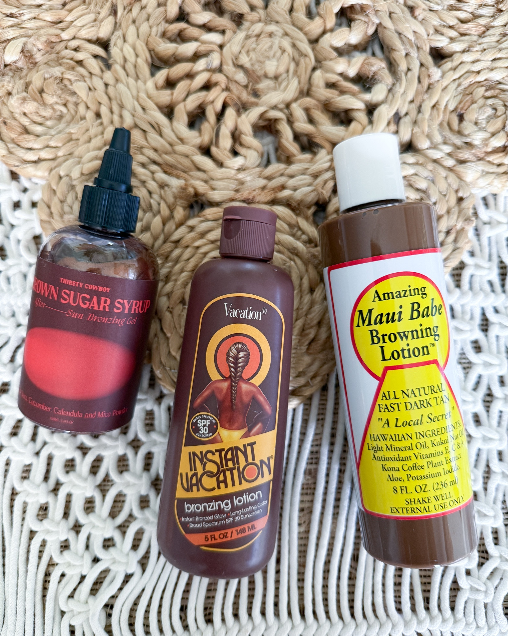 These are my top 3 bronzing lotions I’ve been rotating pre-summer. Vacation’s Instant Vacation SPF 30 bronzing lotion gives the prettiest golden glow while still offering sun protection—zero orange streaks, just that rich vacation color. Maui Babe is a cult classic for a reason. Fast, deep tan and it smells like Hawaii in a bottle. And the Thirsty Cowboy Brown Sugar Syrup? It’s a newer fave for that extra bronzy sheen with a luxe texture. Perfect for beach days, pool lounging, or any time I want to fake a week in the tropics.

vacation instant vacation lotion – brown sugar syrup – maui babe browning lotion – summer bronzing – spf bronzing lotion – glowing skin – tanning lotion – non orange bronzer – summer beauty – fake tan – tropical glow – instant tan – vacation beauty – beach glow – best bronzing lotions


#LTKSwim #LTKSummerEdit #LTKBeauty