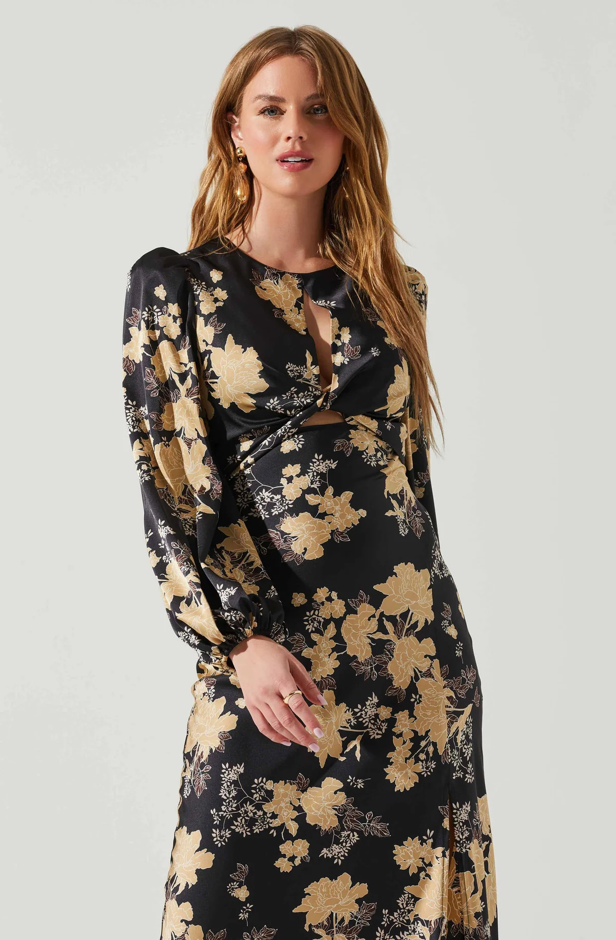 Suzy Floral Satin Front Cutout Midi Dress | ASTR The Label (US)