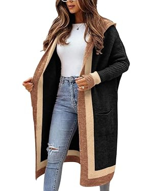 chouyatou Women's Color Block Vertical Striped Open Front Oversized Hooded Long Cardigan Sweaters... | Amazon (US)