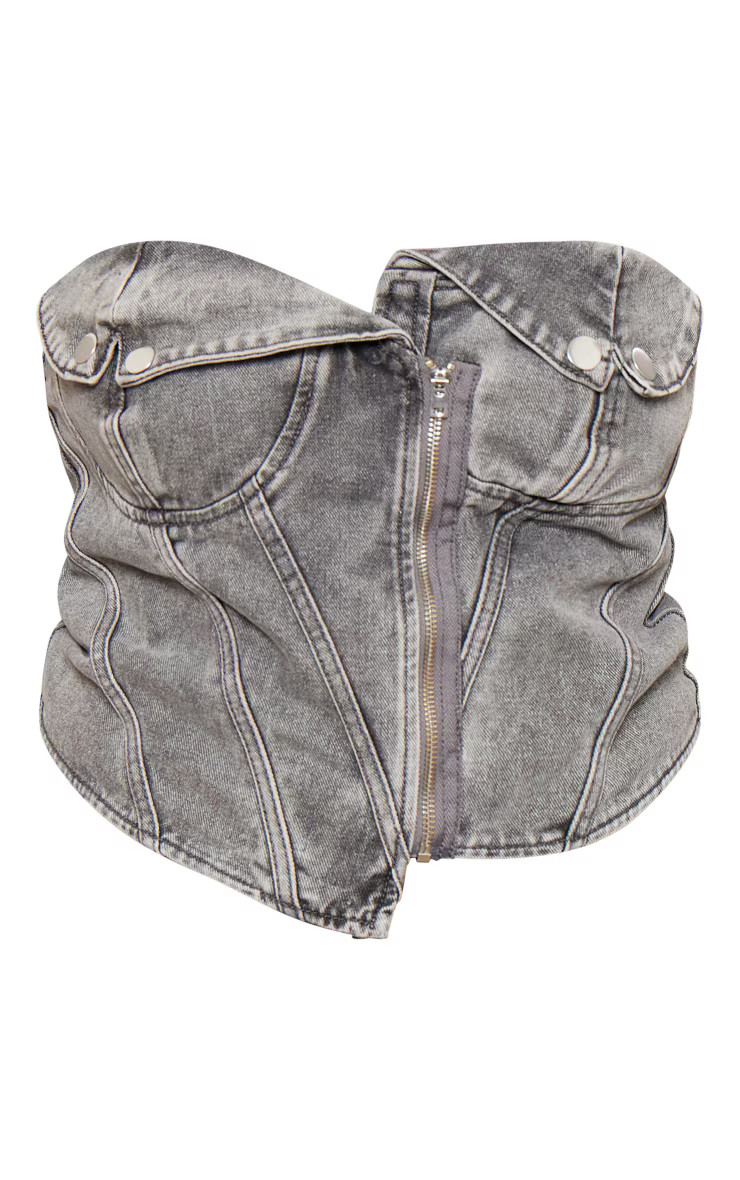 Plus Washed Grey Biker Cup Detail Denim Top | PrettyLittleThing US